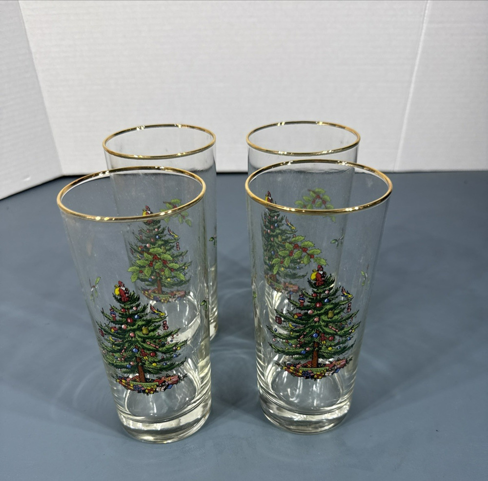 Spode Christmas Tree Set of Four 15 oz. Highball Glasses Gold Trim